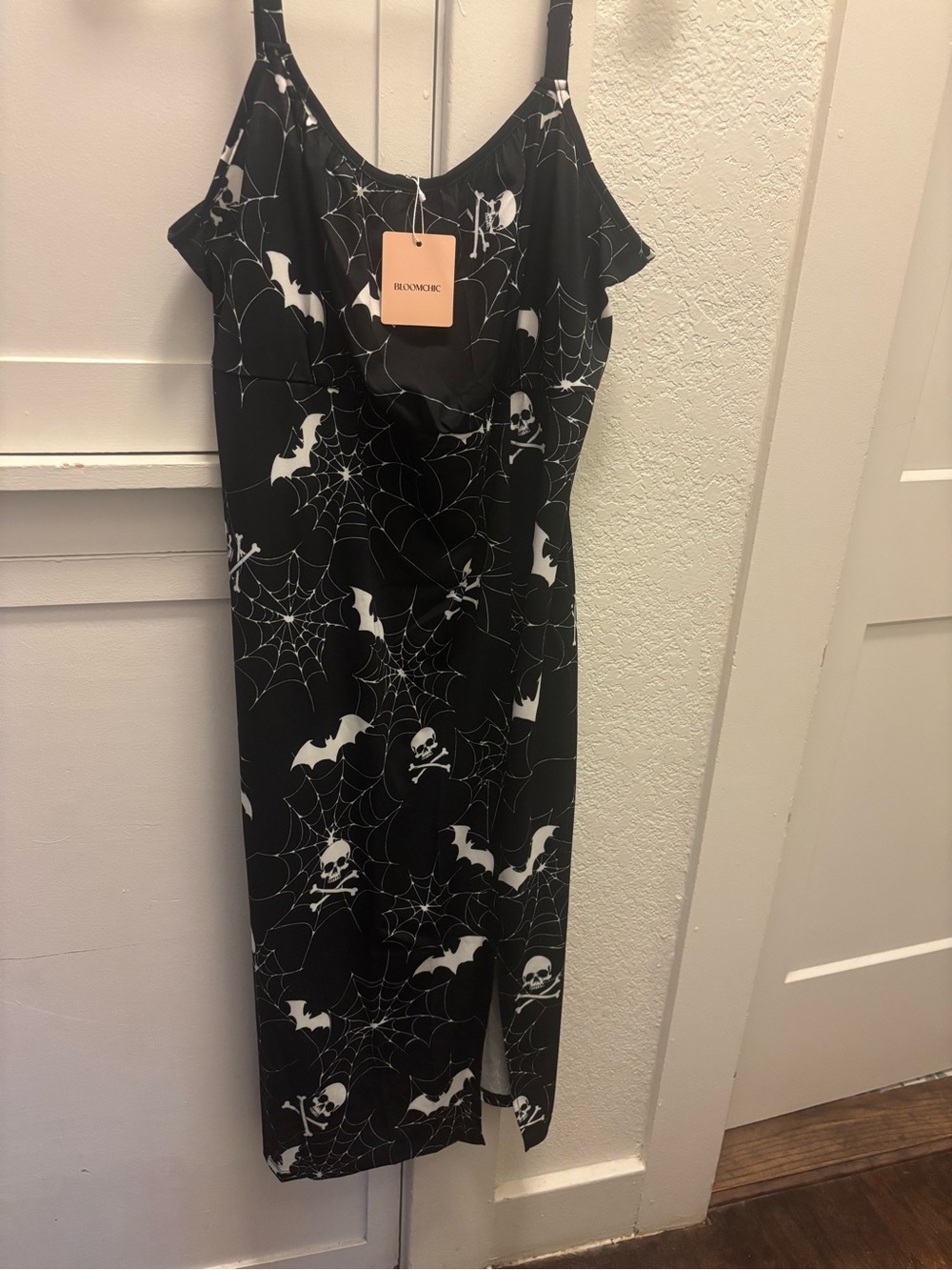 BloomChic Black & White Spiderweb Skull Midi Slip Dress